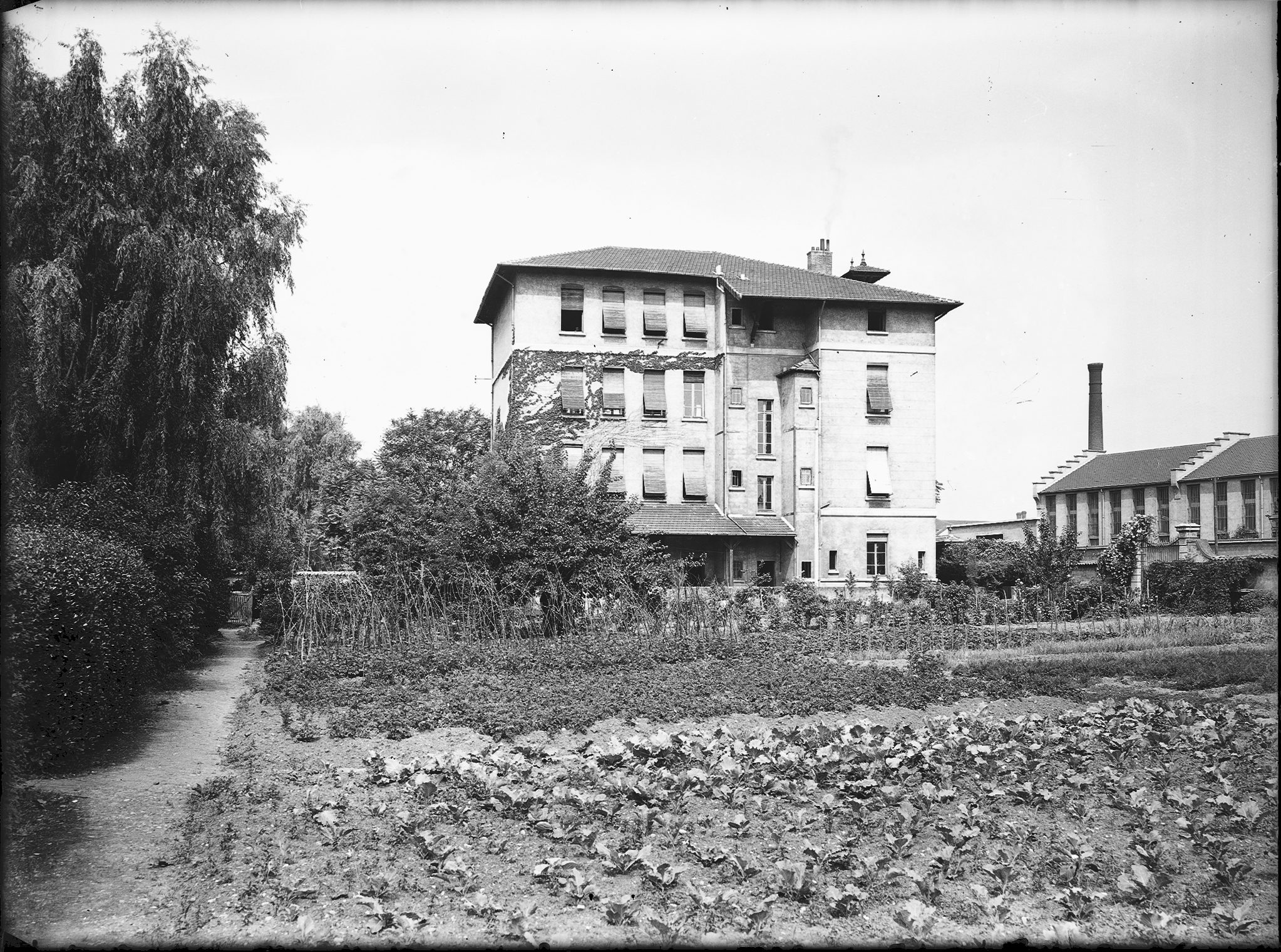 photo N&B de l'école rue de la Rize, début XXème siècle. 4 étages et jardins.
